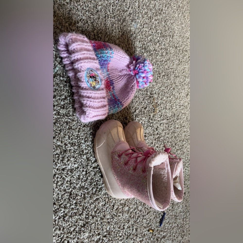 Pink Glitter Kids Boots and Pink Disney Snow Hat